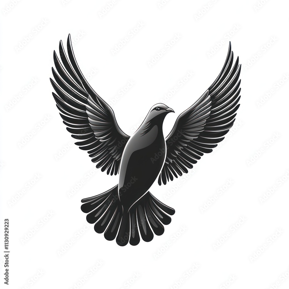 Fototapeta premium Black dove in flight, wings spread wide, isolated on white background.