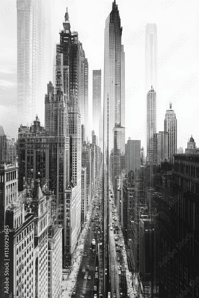 Naklejka premium Monochrome city street scene, tall buildings, urban landscape.