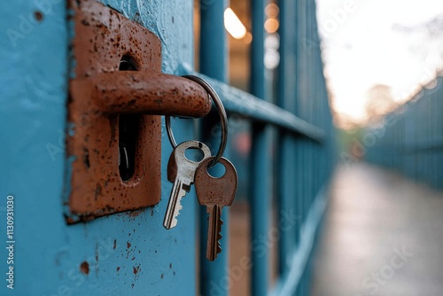 Close-up view of a rusty old lock with keys hanging beside it, symbolizing security and the passage of time along a vibrant blue metal gate in an industrial backdrop. photo