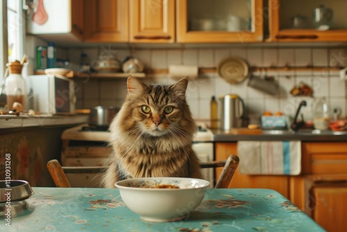 Hungry cat at home kitchen looking at camera beside food bowl photo