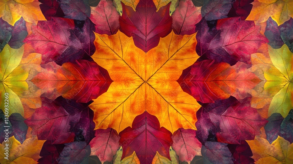Fototapeta premium A vibrant display of autumn leaves in various shades, creating a symmetrical pattern of warm colors.
