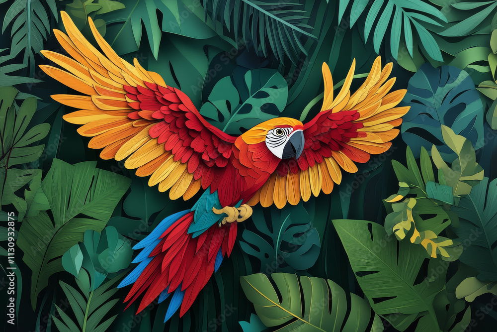Obraz premium Paper cut, macaw on emerald green background, intricate wing patterns and vibrant colors, exotic bird art.