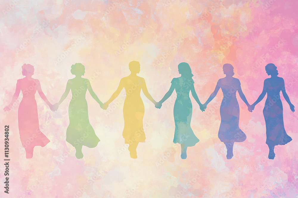 Fototapeta premium Colorful silhouettes of women holding hands, shaded in pastel tones, set against a soft pink abstract background.