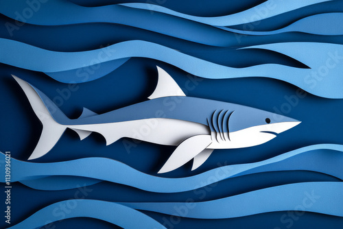 Paper cut, shark on cobalt blue background, sleek shapes and powerful lines, ocean predator concept. photo