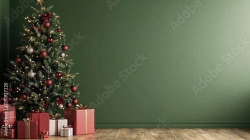 pared vacia con ÃƒÂ¡rbol de navidad decorado junto a paquetes regalos sobre fondo verde photo