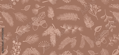 Christmas pine, berry, leaf seamless pattern mocha mousse colour, evergreen plant, tree, spruce and fir branch, cedar twig background, New Year decoration, winter nature print. Vector illustration