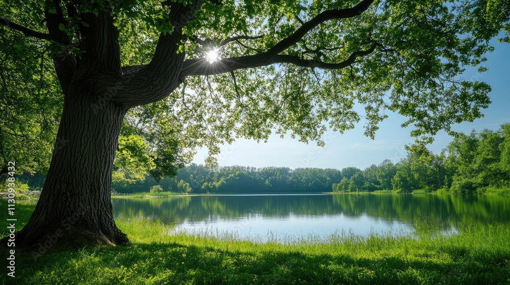 park landscape with trees and lake background