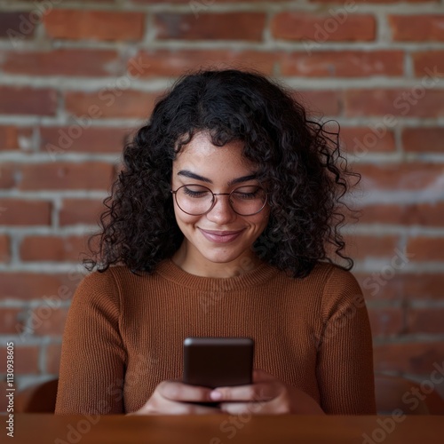 Wallpaper Mural A smiling woman with curly hair and glasses is using her smartphone, sitting at a wooden table against a brick wall background. Torontodigital.ca
