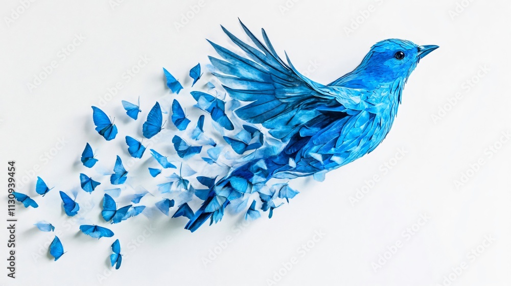 Fototapeta premium Blue Bird Taking Flight: A Whimsical Transformation into Butterflies