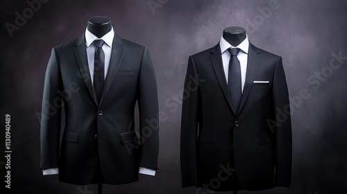 Two elegant black suits on display, showcasing classic menswear in a sophisticated setting. photo