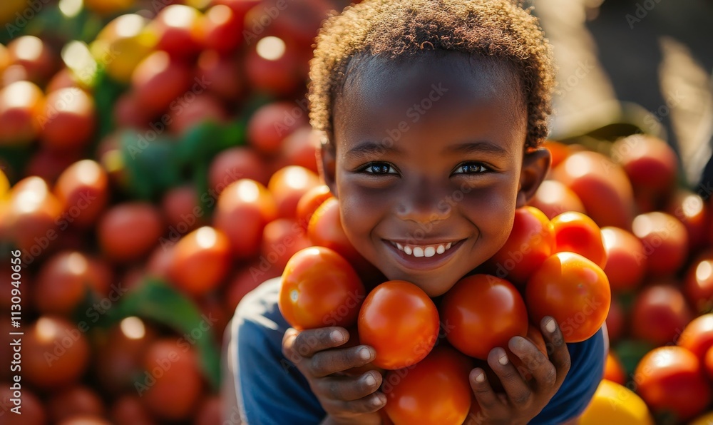 Fototapeta premium Smiling child holds many ripe red tomatoes.