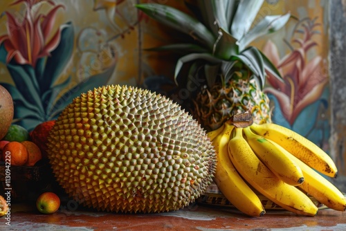 Jackfruit on front table with yellow pulp large seeds Behind bananas and pineapples photo