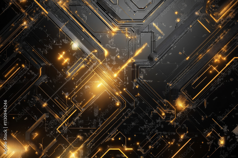 Fototapeta premium An elegant digital technology design with softly glowing patterns and geometric shapes in gold and silver.
