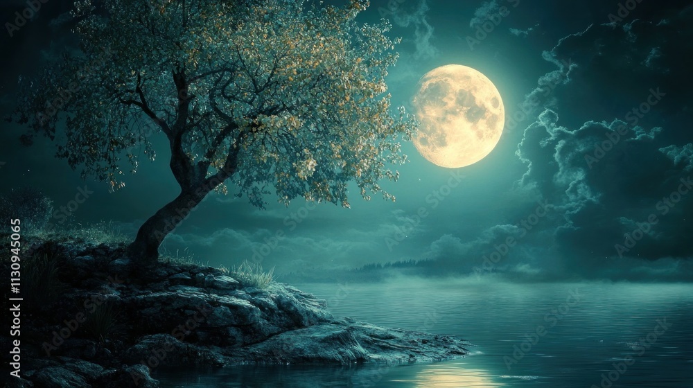 Moonlit Serenity: A Tree Stands Tall Over a Tranquil Lake Moonlit Serenity: A Tree Stands Tall Over a Tranquil Lake