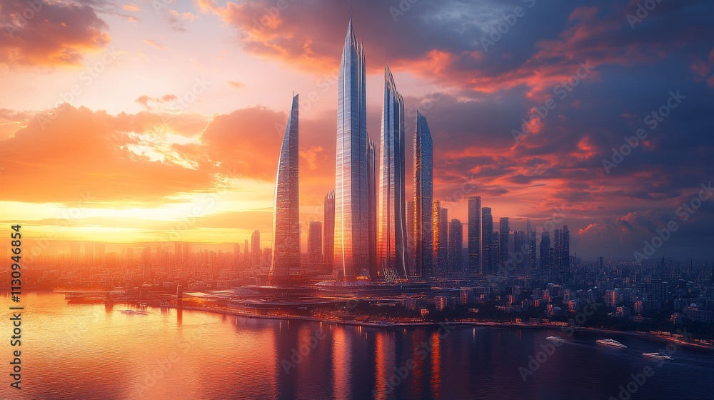 Naklejka premium Futuristic city skyline at sunset.