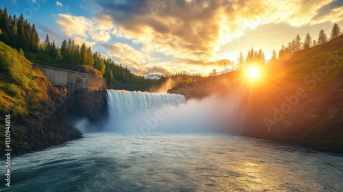 High-altitude Perspective of a Hydroelectric Dam in Glowing Light photo