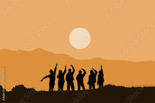 Silhouette of joyful group celebrating under a warm sunset sky with arms raised, against a mountainous landscape.