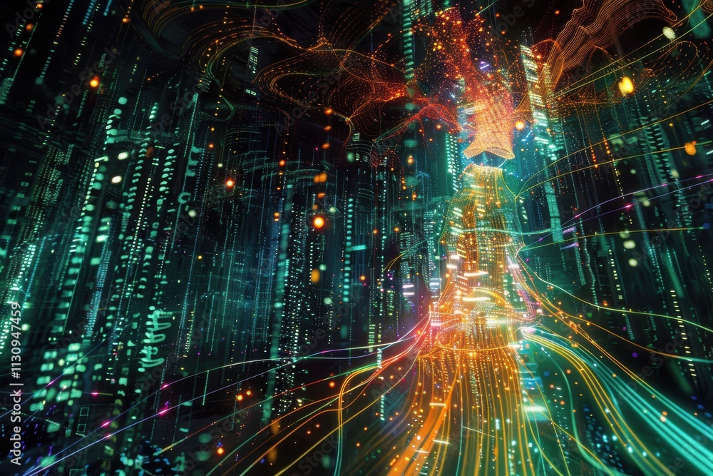 Obraz premium An artistic rendering of artificial intelligence as a glowing neural network, threads of pulsating light converging into a humanoid figure surrounded by floating streams of data.