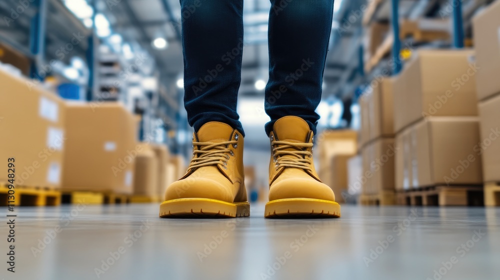 Fototapeta premium Packages stacked around worker's boots