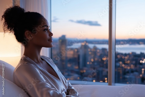 A serene moment captured with a woman gazing thoughtfully out a large window overlooking a vibrant cityscape at sunset, showcasing calmness and reflection. photo