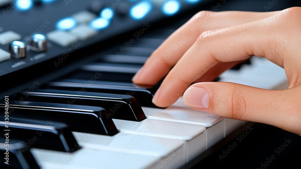 Obraz premium Close-up Hand Playing Keyboard Synth - Close-up photography