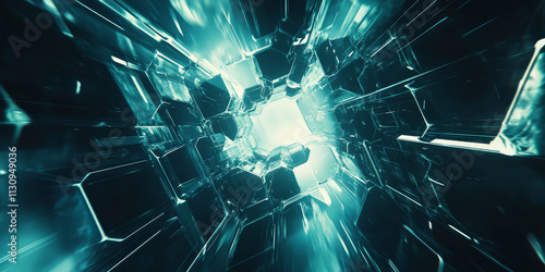 Futuristic abstract design with glowing hexagonal tiles in blue and teal. The light between the shapes pulses and shifts, creating a dynamic, high-tech atmosphere perfect for digital design projects.