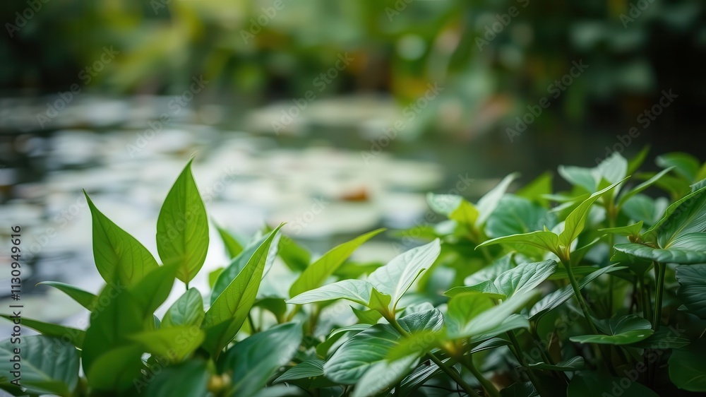 Obraz premium Blurred image of serene natural background featuring water and lush greenery, outdoor, plants, leaves
