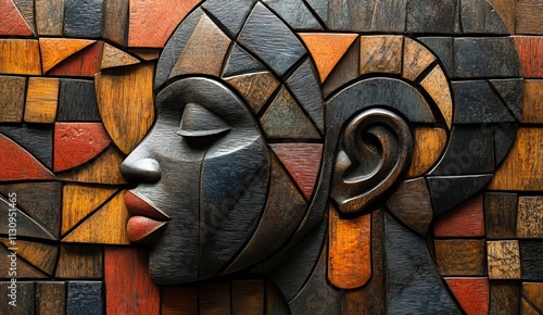 Fototapeta Naklejka Na Ścianę i Meble -  African wood graphic with a geometric background showcases tribal art, wallpaper texture, and 3D carving