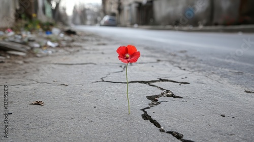 Red Poppy Flower Growing Through Cracked Pavement photo