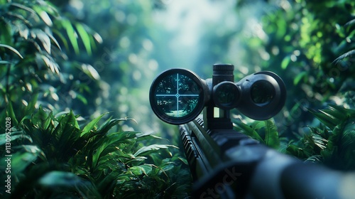 Rifle scope sight aimed in lush green jungle foliage.