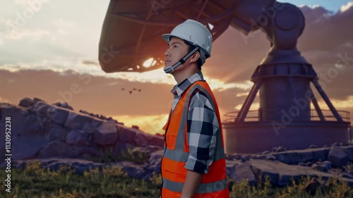 Wallpaper Mural Side View Of Asian Male Engineer With Safety Helmet Looking Around While Standing With Large Satellite Dish Torontodigital.ca