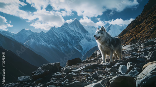 A Stunning Bhutia in a Winter Fur Coat Standing on Rocky Terrain Against a Spectacular Mountain Range photo