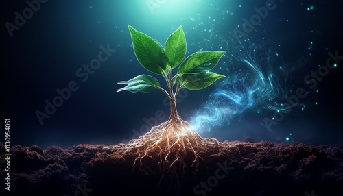 close-up A plant’s root system glowing underground, connected to leaves evaporating mist into the air, growth and energy. photo