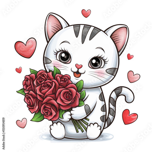 cat holds a bouquet of red roses, surrounded by floating hearts. photo