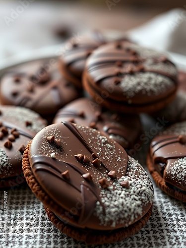 chocolate cookies with sprinkles and powdered sugar on a plate. photo