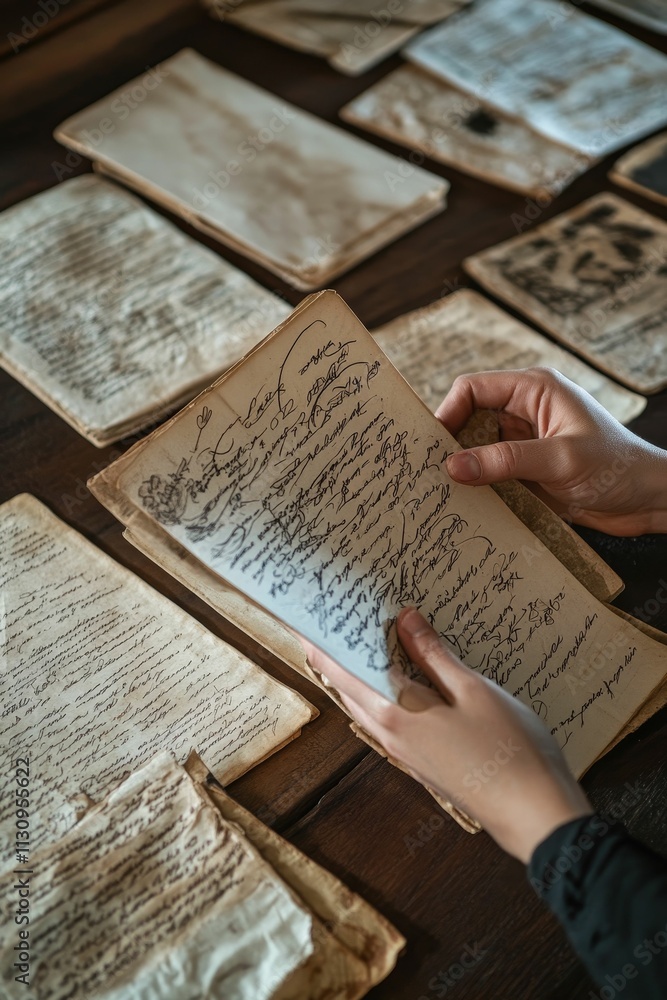 Obraz premium Aged papers, cursive script, hands, careful examination.