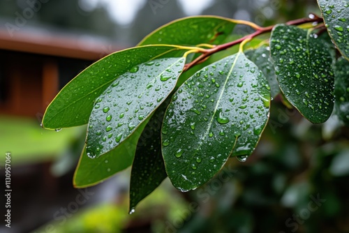 A captivating image of lush green leaves coated in glistening rain droplets, depicting the refreshing rejuvenation of nature and the purity of outdoor environments. photo