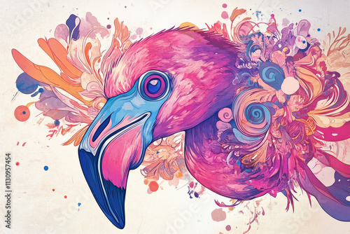 Flamingo illustration, bold colors, graphic design, stylized animal portrait, unique art style on a light background, emphasis on features and colors. photo