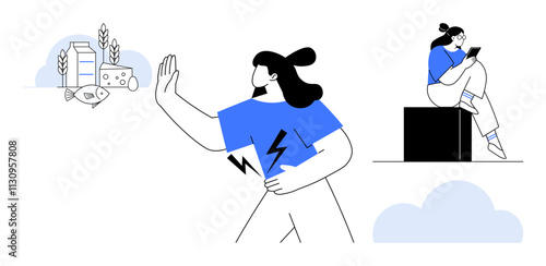 Individual refusing cheese and dairy due to stomach pain, indicating food sensitivity next to a person working on a tablet. Ideal for health topics, food allergies, nutrition education, digital