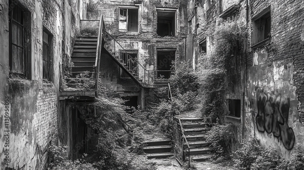 Naklejka premium Overgrown Ruins: A Monochromatic Exploration of Abandoned Building's Decaying Grandeur