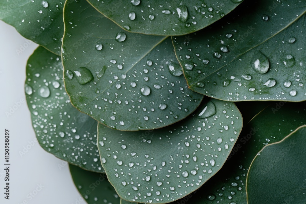 Obraz premium An artistic close-up of overlapping green eucalyptus leaves decorated with droplets, giving a fresh and vibrant feel while enhancing their intricate textures.