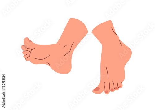 Bare female feet with pedicure on nails step. Barefoot woman walks. Health and anatomy of human legs: toes, heel, soles. Podiatry, beauty procedures. Flat isolated vector illustration on white