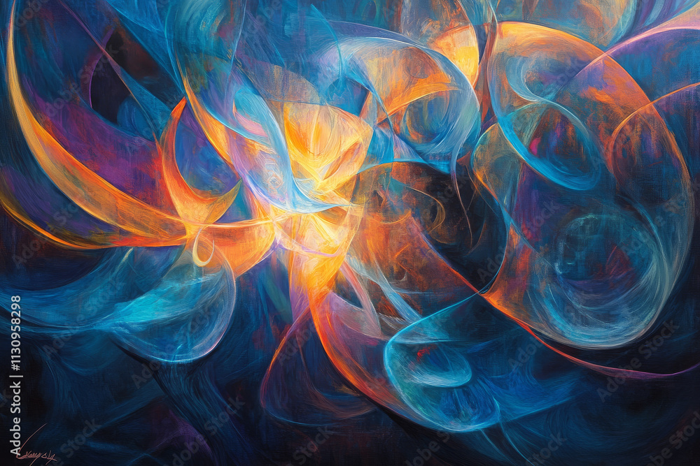 Fototapeta premium A radiant abstract background with glowing ribbons of blue, orange, and violet representing dynamic movement.