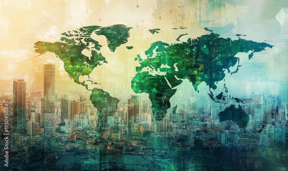 Obraz premium Global cityscape, textured world map overlay.