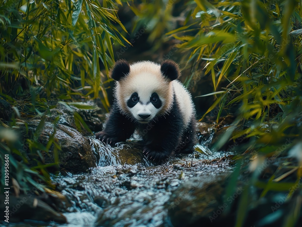 Fototapeta premium Adorable Baby Panda Exploring a Stream in a Bamboo Forest