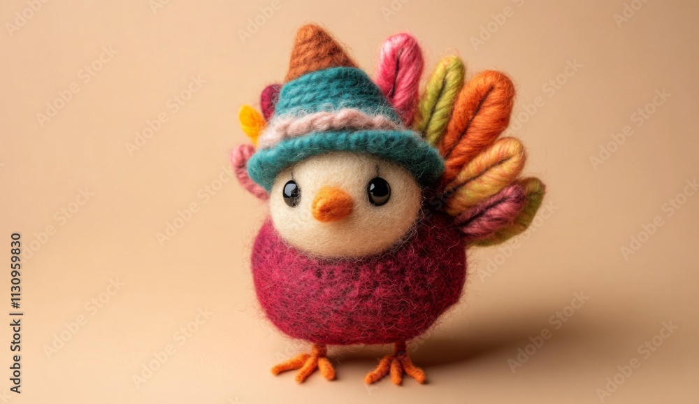 Naklejka premium Cute hand-crafted turkey with hat and feathers of felt wool yarn on beige background.