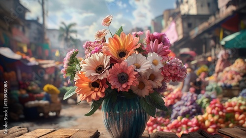 Wallpaper Mural Vibrant Flower Bouquet at a Bustling Asian Market: A Day in the Life of a Colorful City Torontodigital.ca