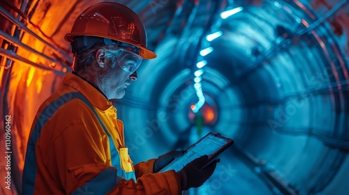 Tunnel Maintenance Worker Focusing on Task Under Dim Lighting