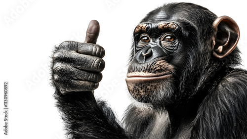 A chimpanzee giving a thumbs-up gesture.