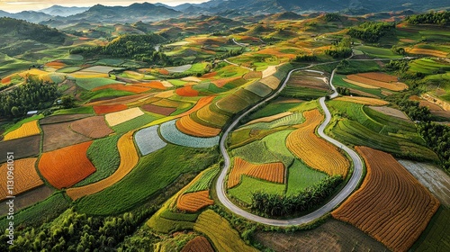 Vibrant Landscape of Colorful Fields and Winding Country Road